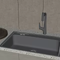 Modern Black Kitchen Sink With Sleek Faucet On Speckled Quartz Countertop And Tile Backsplash