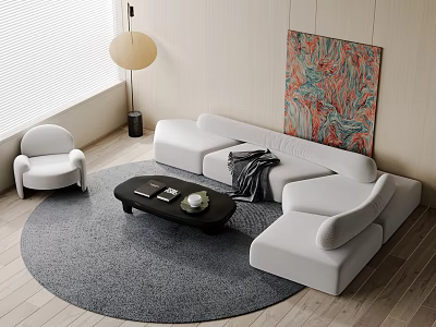 White Sofa and Black Coffee Table in Modern Living Room with Round Rug Floor Lamp and Armchair 3d model