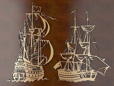Intricate Carved Sailing Ship Artwork On Wooden Background With Detailed Design 3d model