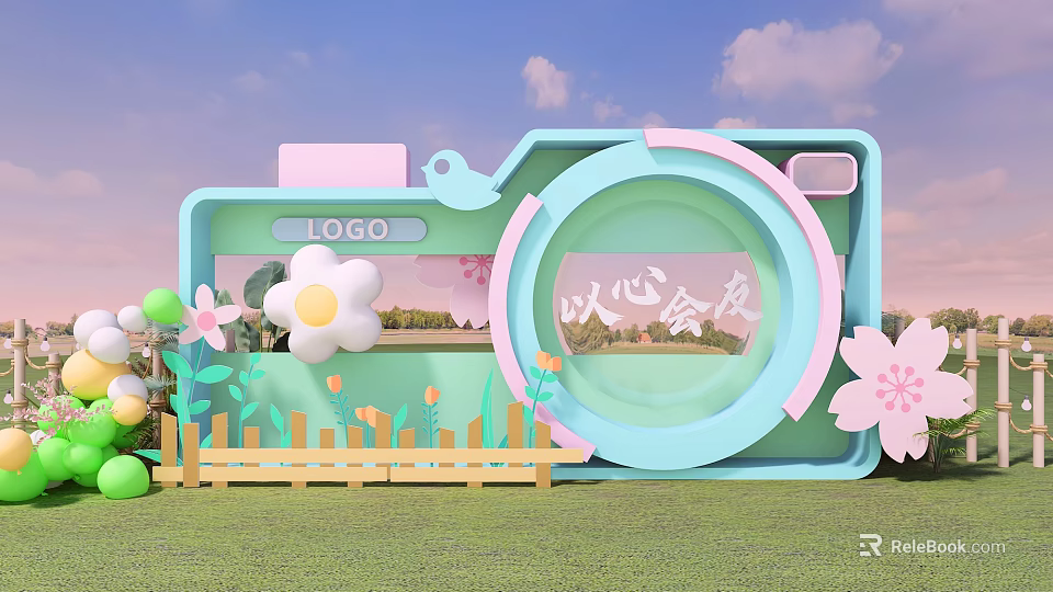 Floral Display With Camera Shaped Frame Turquoise Pink Flowers Wooden Fence And Cloudy Sky 3d model 