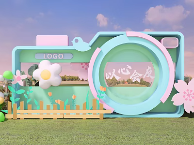 Floral Display With Camera Shaped Frame Turquoise Pink Flowers Wooden Fence And Cloudy Sky 3d model