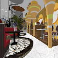 Colorful Restaurant Interior Design Featuring Toy Soldier Statues Rainbow Ceiling And Patterned Floor Tiles 3d model