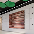 Modern Office Corridor With Hexagonal Ceiling Glass Walls And Wooden Doors