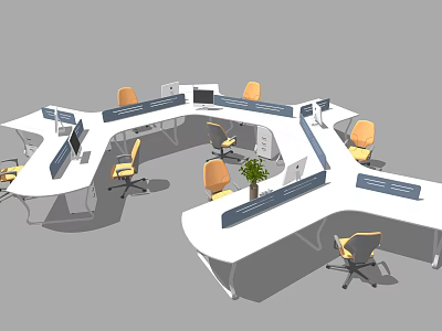 Modern Office Desk Layout With Yellow Chairs Divider Panels And Potted Plant 3d model