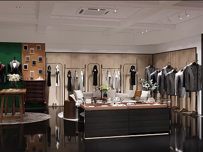 Modern Clothing Store Interior With Clothes On Wooden Racks Display Counter Sofa And Lighting 3d model