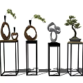Modern Black Metal Plant Stands With Wooden Ring Decor White Sculpture And Bonsai Tree