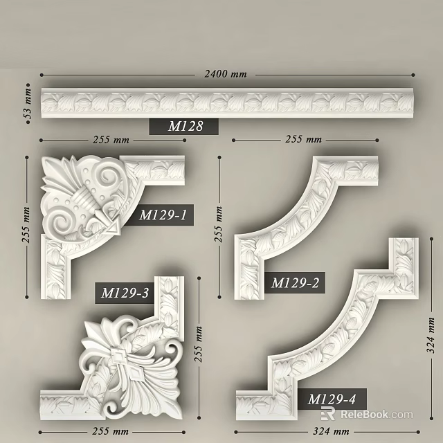 Detailed Carved Decorative Moldings With Dimensions And M128 M129 Series Components 3d model 