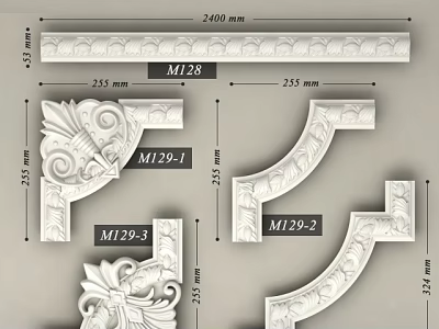 Detailed Carved Decorative Moldings With Dimensions And M128 M129 Series Components 3d model