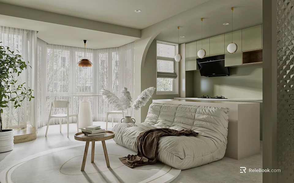 Modern Living and Dining Area Featuring Light Green Cabinets White Bean Bag Sofa and Pendant Lights 3d model 