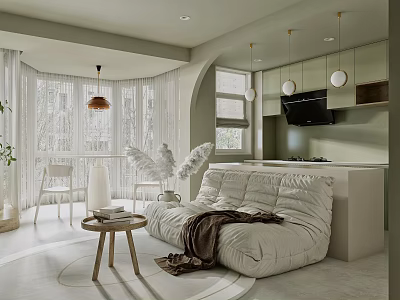 Modern Living and Dining Area Featuring Light Green Cabinets White Bean Bag Sofa and Pendant Lights 3d model