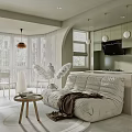 Modern Living and Dining Area Featuring Light Green Cabinets White Bean Bag Sofa and Pendant Lights