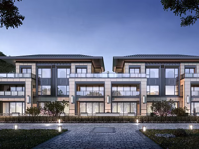 Modern Detached Villa Exterior Design With Large Glass Windows Balconies Green Plants And Stone Pathway 3d model