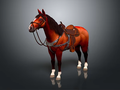 Realistic Brown Horse With Saddle And Bridle Standing On Dark Background 3d model