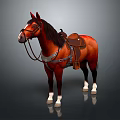 Realistic Brown Horse With Saddle And Bridle Standing On Dark Background