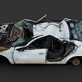 White Damaged Car With Severe Body Deformation Broken Glass And Rusted Parts