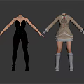Stylish Clothing Sets On Mannequins Featuring Black Leather Outfit Beige Coat Skirt And Gray Boots