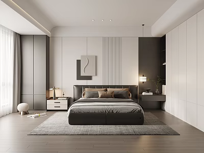 Modern Minimalist Bedroom Interior Design With Gray Bedding Nightstands Table Lamps And Wooden Floors 3d model