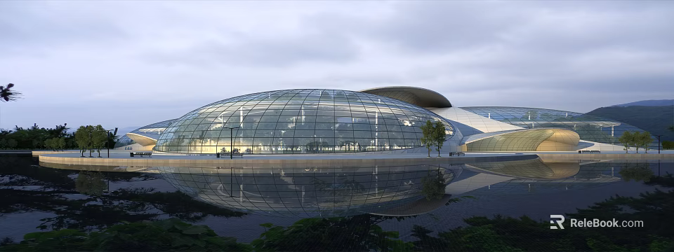 Contemporary Glass Dome Structure With Water Reflection Green Trees And Open Area 3d model 