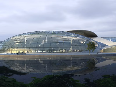 Contemporary Glass Dome Structure With Water Reflection Green Trees And Open Area 3d model