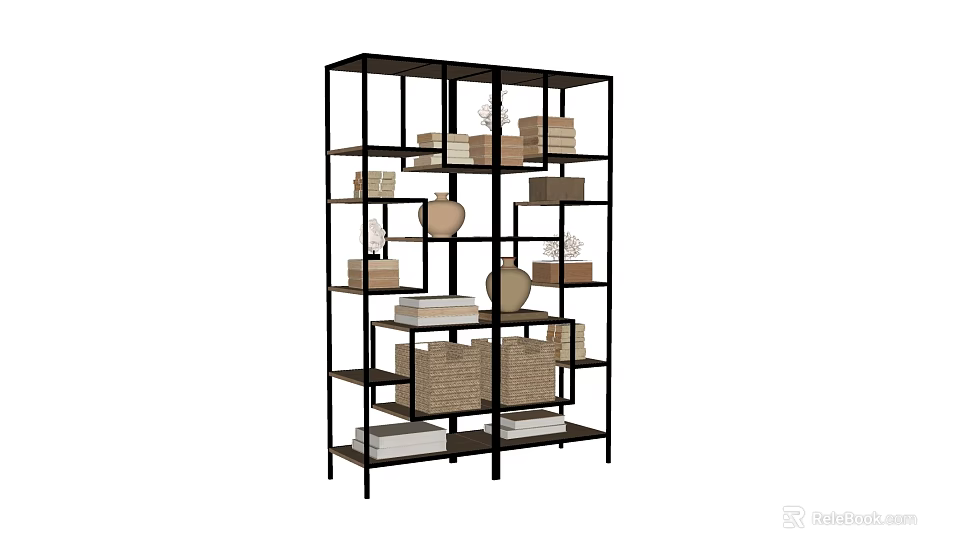 Sturdy Black Metal Frame Display Shelf With Multiple Tiers Storage Baskets And Decorative Items 3d model 