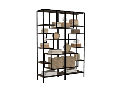 Sturdy Black Metal Frame Display Shelf With Multiple Tiers Storage Baskets And Decorative Items 3d model