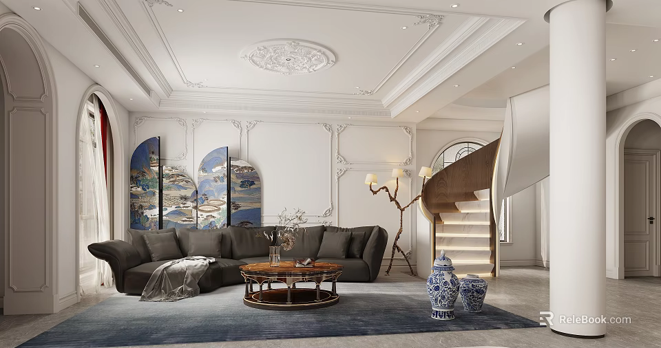 Elegant Modern Living Room Interior With Sofa Coffee Table Rug Decorative Paintings And Staircase 3d model 