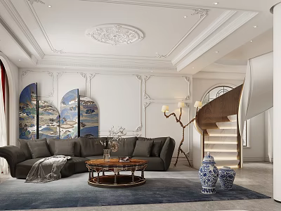Elegant Modern Living Room Interior With Sofa Coffee Table Rug Decorative Paintings And Staircase 3d model