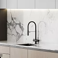 Elegant Modern Kitchen With Wooden Cabinets Marble Countertop And Faucet Appliances