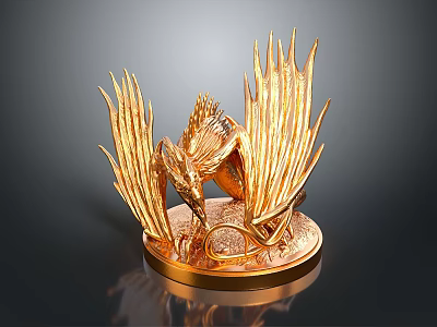 Golden Eagle Sculpture With Intricate Spread Wings And Circular Metallic Base 3d model