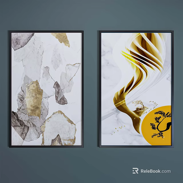 Abstract Wall Art With Gold Gray Patterns Yellow Circle And Black Branches 3d model