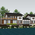 Waterfront Homestay Building with Chinese Style Roof Wooden Deck Large Windows and Palm Trees