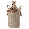 Adorable Lion and Elephant Plush Toys Sitting in Wicker Baskets with Pom Pom Trim