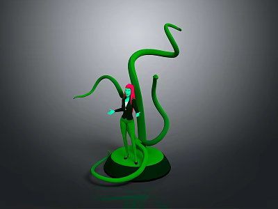 Game Movie Character With Pink Hair Green Outfit Standing By Curved Green Vines 3d model