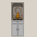 Traditional Buddhist Shrine Setup With Golden Buddha Statue And Candles On White Cabinet
