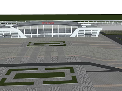 Modern Large Building Featuring Red Signage Front Spacious Plaza Green Belts Regular Pavement 3d model