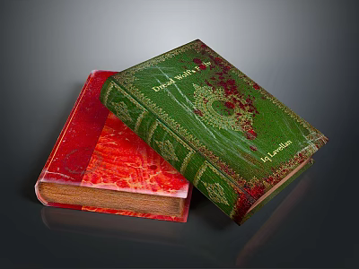 Carved Book Covers With Red And Green Designs Featuring Decorative Patterns And Titles 3d model