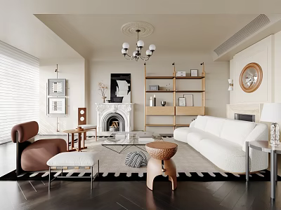 Modern Living Room Interior With White Sofa Fireplace Wooden Bookshelves Chandelier Brown Armchair And Rug 3d model