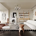 Modern Living Room Interior With White Sofa Fireplace Wooden Bookshelves Chandelier Brown Armchair And Rug