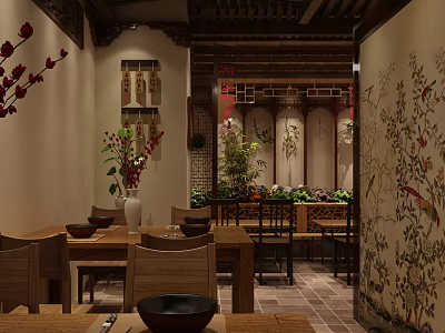 Traditional Chinese Restaurant Interior With Wooden Tables Chairs Flower Decorations And Traditional Decorative Paintings 3d model