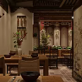 Traditional Chinese Restaurant Interior With Wooden Tables Chairs Flower Decorations And Traditional Decorative Paintings