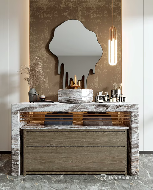 Elegant Marble Washbasin Vanity With Irregular Mirror And Wall Mounted Lighting 3d model 