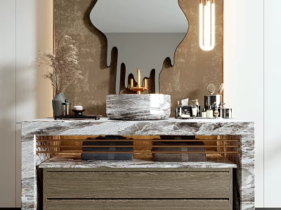 Elegant Marble Washbasin Vanity With Irregular Mirror And Wall Mounted Lighting 3d model