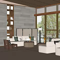Modern Living Area Interior Design With Large Windows Tree Views Comfortable Sofas And Wooden Bookshelf