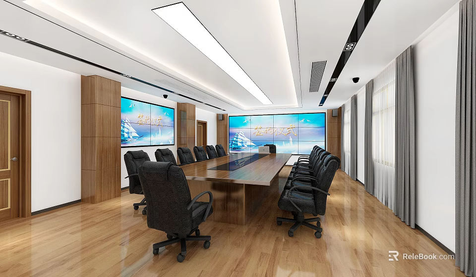 Modern Conference Room Interior With Long Table Black Chairs Large Screens And Wooden Walls 3d model 