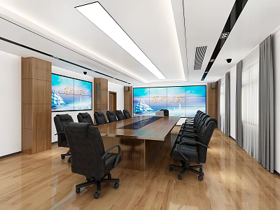 Modern Conference Room Interior With Long Table Black Chairs Large Screens And Wooden Walls 3d model