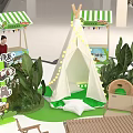 Interactive Zone with Green White Striped Canopies People Tables Chairs Display Items and Plants
