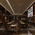 Elegant Modern Restaurant Interior With Dining Tables Chairs Wine Racks And Ambient Lighting