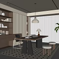 Modern Study Room Interior With Built in Bookshelves Wooden Desk Pendant Lamp And Potted Plant