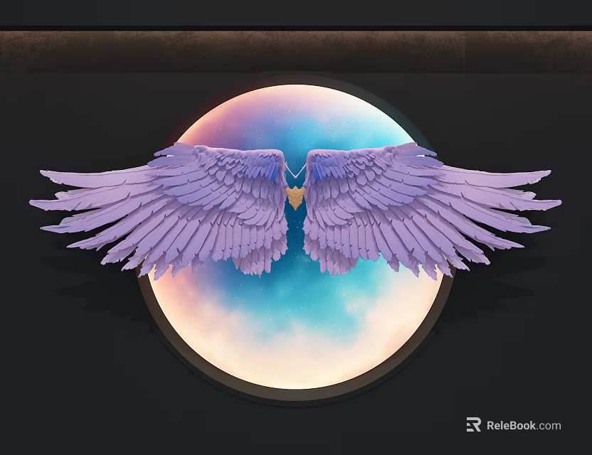 Wall Decor With Purple Wings Round Design And Gradient Sky Background 3d model 