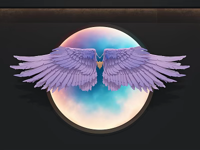 Wall Decor With Purple Wings Round Design And Gradient Sky Background 3d model